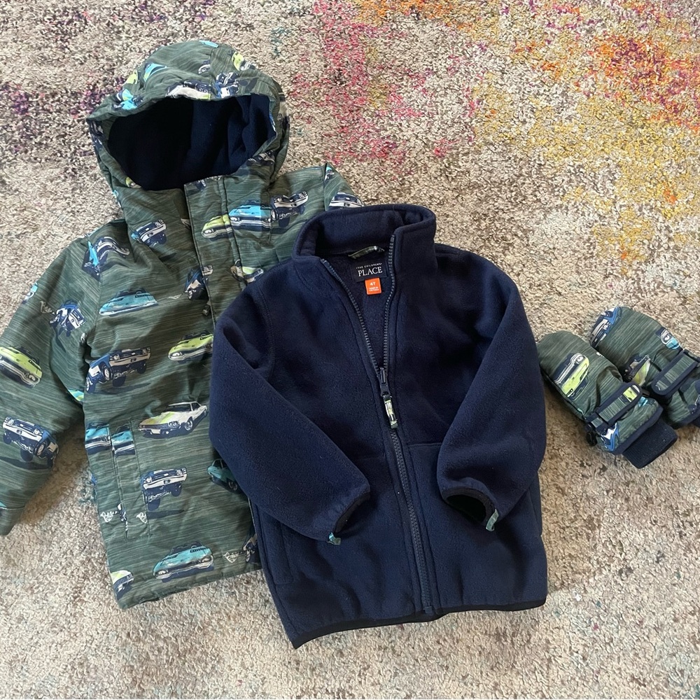 Boys 4t hot rod cars winter coat jacket removable fleece, gloves  green blue